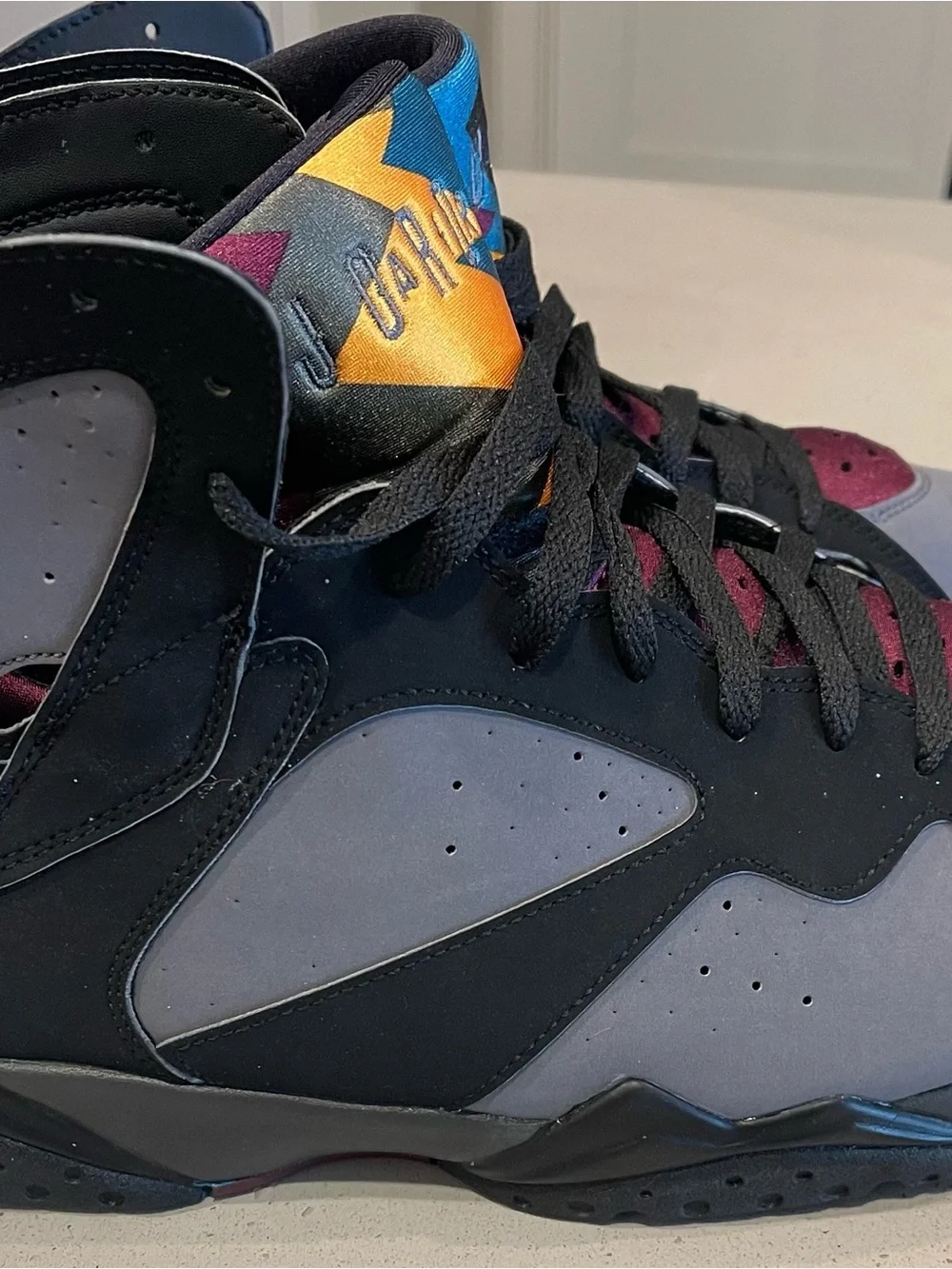 Jordan High-Top Sneakers in Black, Gray & Burgundy with Multicolor Tongue